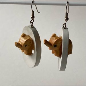 Vintage Wooden Carved Elephant Earrings